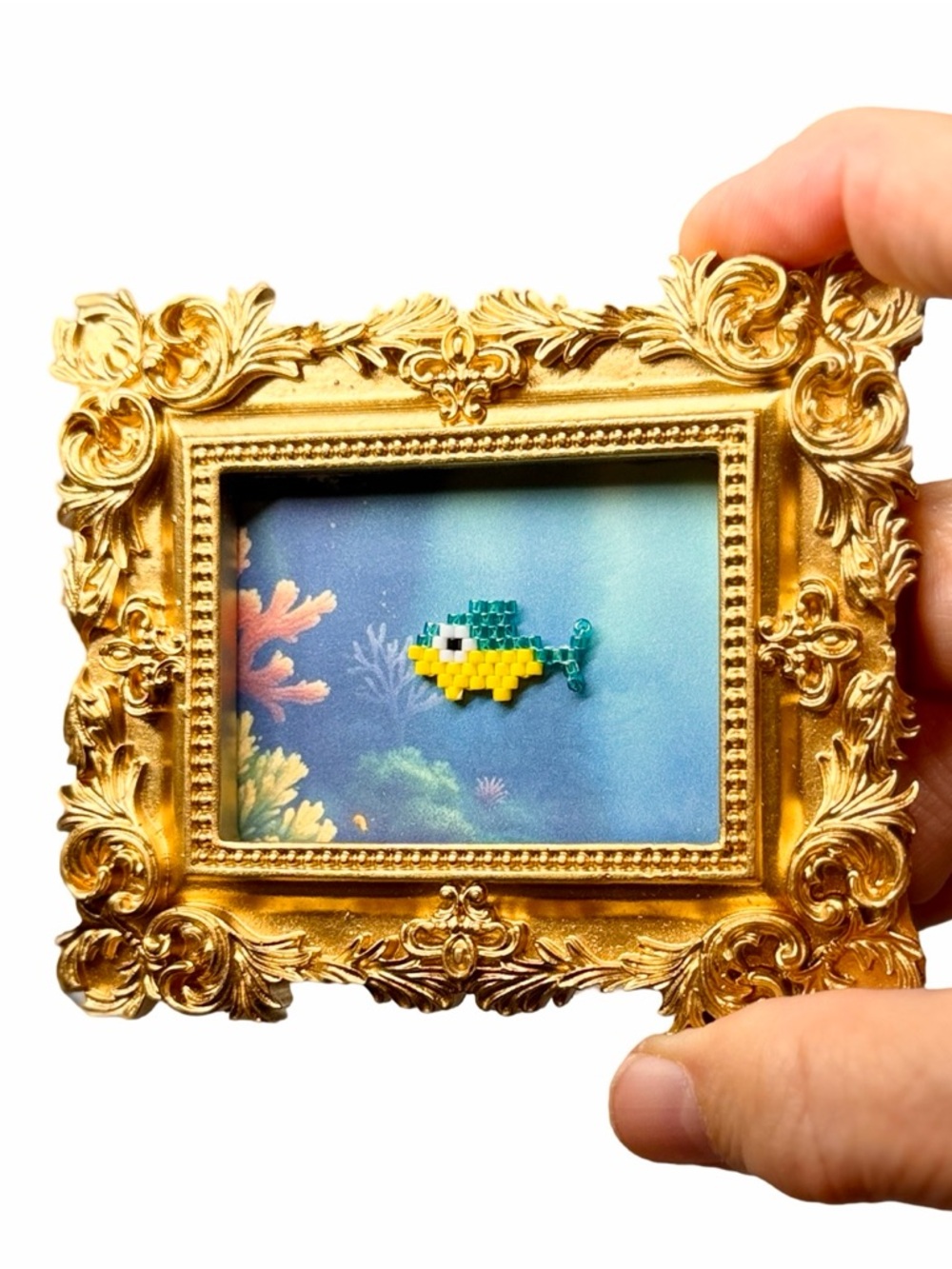 Tiny Framed Fish Art | Mini Beaded Ocean Scene | Gold Frame Decor